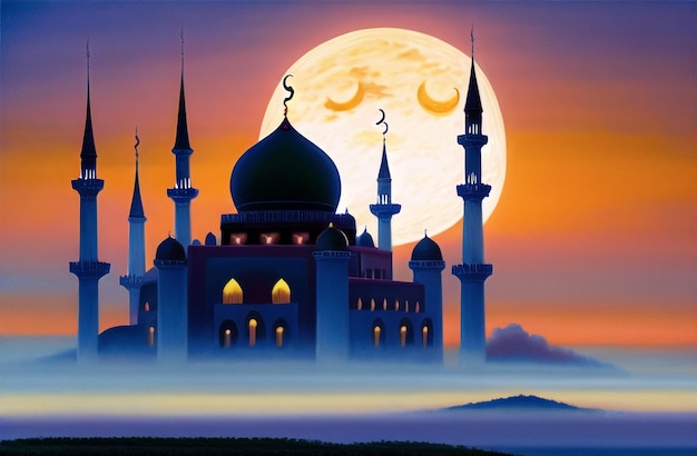 Piękny Meczet Noc Tło dla Ramadan Kareem Eid Mubarak Muzułmański Festiwal Ramzan Islamskiej Koncepcji Sztandar Masjid Islamskiej architektury Generatywna AI