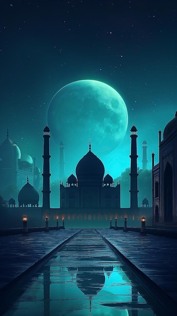 Piękny meczet Nocny czas Tło Ramadan Kareem Eid Mubarak Islamski