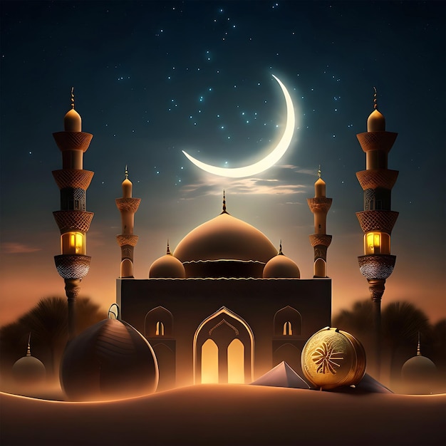 Piękny meczet w nocy z pełnią księżyca w tle