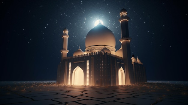 Piękny meczet w nocy ze światłem księżyca świecącym za tapetą Eid Mubarak