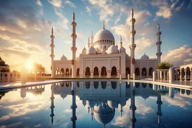 Piękny meczet w pięknym miejscu z generatywnym ai tła niebieskiego nieba