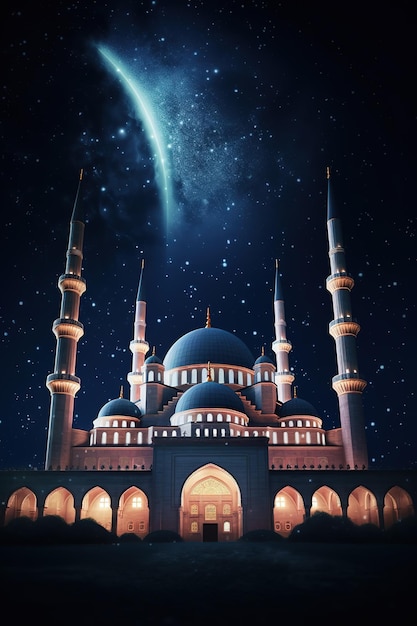 piękny meczet ze świecącymi światłami w nocy za rozgwieżdżonym nocnym niebem tło ramadan kareem