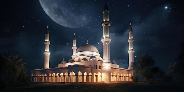 piękny meczet ze świecącymi światłami w nocy za rozgwieżdżonym nocnym niebem tło ramadan kareem