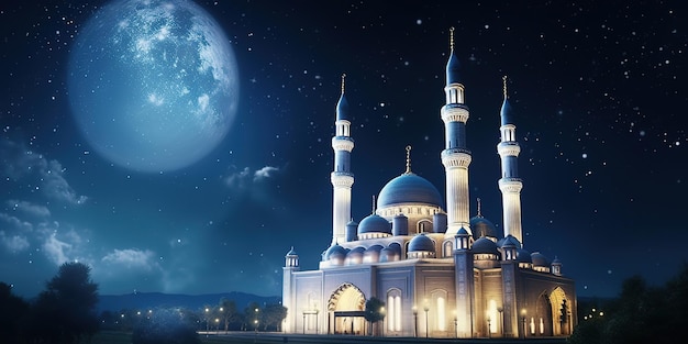 piękny meczet ze świecącymi światłami w nocy za rozgwieżdżonym nocnym niebem tło ramadan kareem