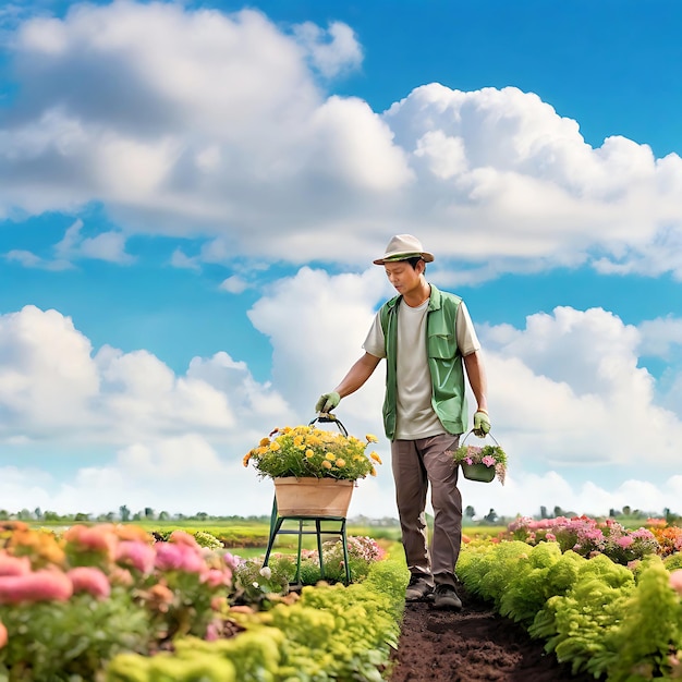 Piękny mężczyzna dba o szkółkę kwiatów pod niebem naturalny zielony kolor tła kwiat