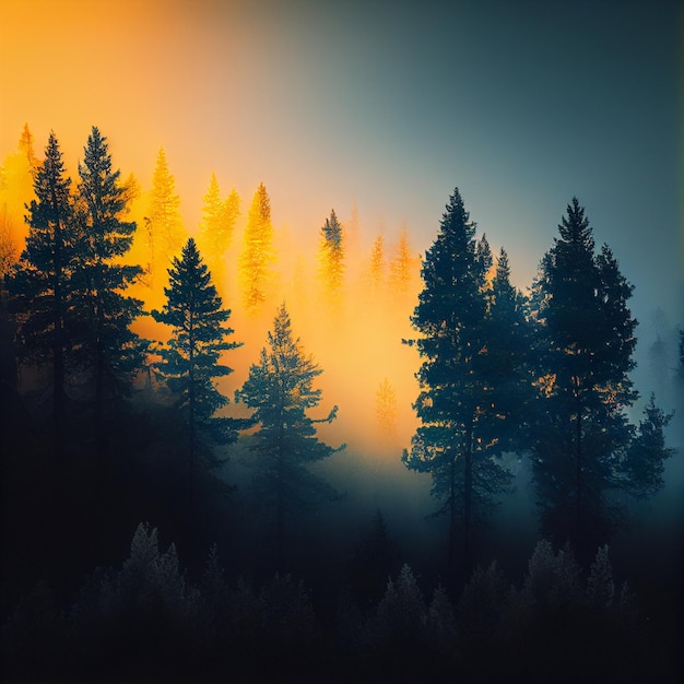 Piękny mglisty krajobraz leśny o zachodzie lub wschodzie słońca Generacyjna sztuczna inteligencja
