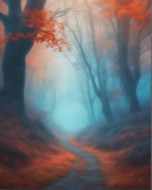 Piękny mistyczny las w niebieskiej mgle w jesieni