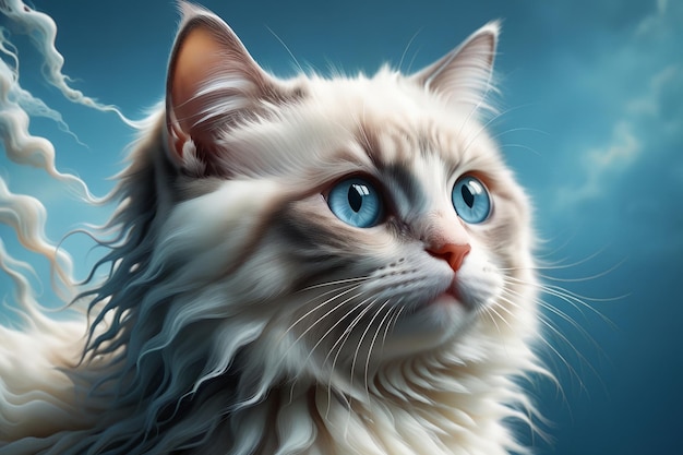 Piękny młody czystej rasy kot Ragdoll z rozwijającymi się długimi włosami siedzi na niebieskim tle