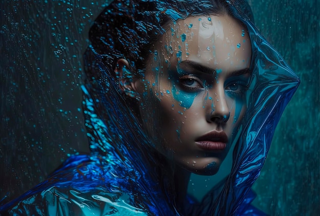 Piękny model lewy kąt patrzący w dół, ponury, ubrany w prześwitującą odzież hautecouture avantgarde fashion Vivid Cerulean pod wodą