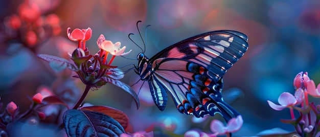 Piękny motyl na płatkach kwiatów na kolorowych i bardzo szczegółowych ilustracjach