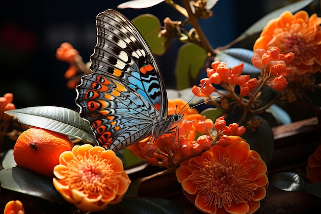 Piękny motyl siedzący na jasnopomarańczowym kwiecie lantany i rozciągający skrzydła, pokazując skomplikowane wzory i piękno świata naturalnego.