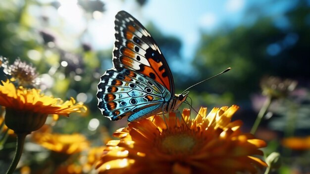 Piękny motyl wśród dzikich kwiatów niewyraźne tło