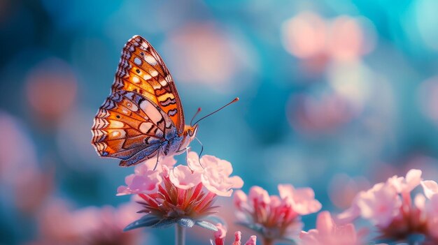 Piękny motyl z kwiatem wiśni różowym kwiatem sakury