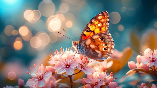 Piękny motyl z kwiatem wiśni różowym kwiatem sakury
