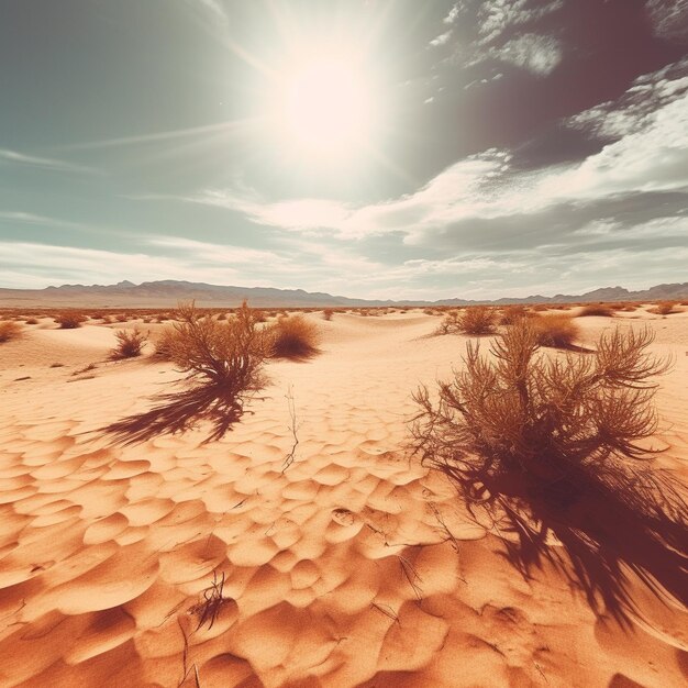 Zdjęcie piękny naturalny widok zachodu słońca na pustynię z krzewami i roślinami