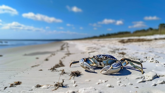 Piękny niebieski krab siedzi na białym piasku plaży z oceanem i niebem na tle