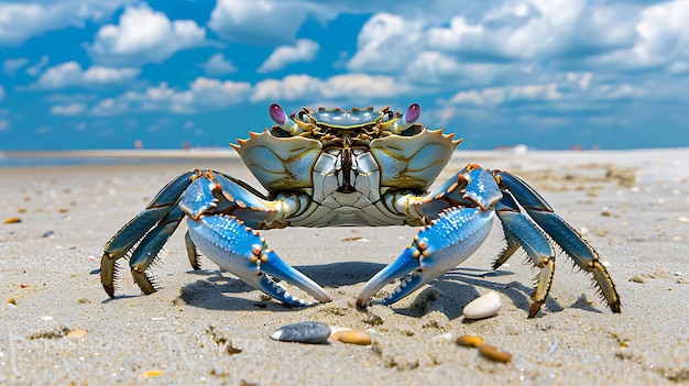 Piękny niebieski krab siedzi na plaży, jego szczypy są podniesione w powietrzu i patrzy na kamerę, krab jest otoczony piaskiem.