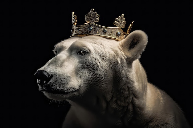 Piękny niedźwiedź polarny w złotej koronie na matowym czarnym tle Generative AI