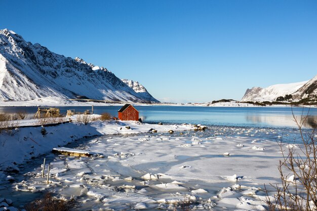 Piękny norweski krajobraz w zimie. Lofoty. Norwegia.