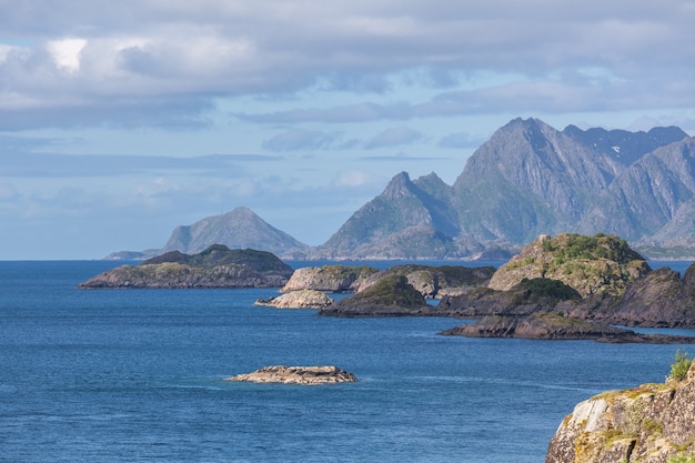 Zdjęcie piękny norweski krajobraz. widok na fiordy. norwegia idealne odbicie fiordu w czystej wodzie