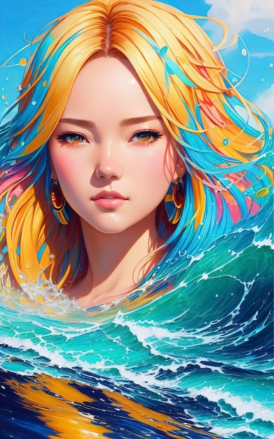 piękny obraz anime przedstawiający letnią damę brodzącą w oceanie