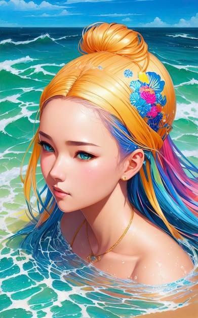piękny obraz anime przedstawiający letnią damę brodzącą w oceanie