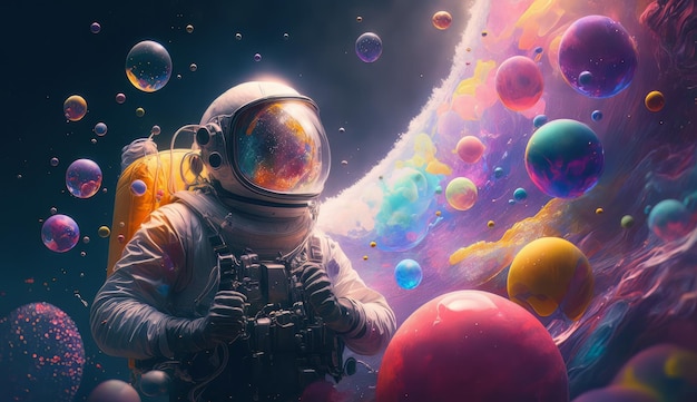 Piękny obraz astronauty w galaktyce kolorowych bąbelków