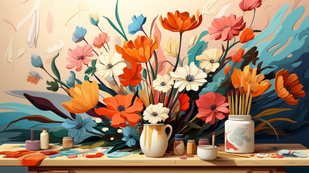 Piękny obraz kolorowych kwiatów w wazonie na stole