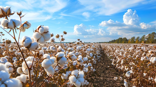 Zdjęcie piękny obraz krajobrazu pola bawełny z białymi, puszystymi bawełnianymi kulkami gotowymi do zbiorów