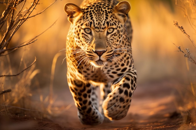 Piękny obraz leoparda wędrującego przez złotą afrykańską sawannę przy uroczym zachodzie słońca