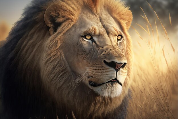 Piękny obraz lwa afrykańskiego na równinie afrykańskiej sawanny we wschodniej i południowej Afryce