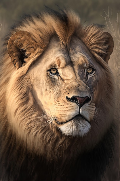 Piękny obraz lwa afrykańskiego na równinie afrykańskiej sawanny we wschodniej i południowej Afryce