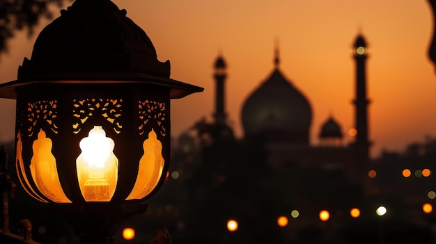 Piękny obraz meczetu przy zachodzie słońca