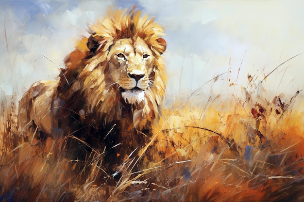 Piękny obraz przedstawiający samca lwa odpoczywającego na środku łąki. Ilustracja zwierząt dzikiej przyrody. Generatywna sztuczna inteligencja
