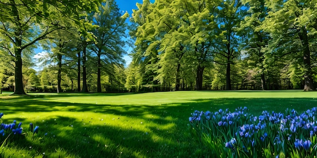 Piękny obraz tła przedstawiający wiosenną przyrodę ze starannie przystrzyżonym trawnikiem otoczonym drzewami