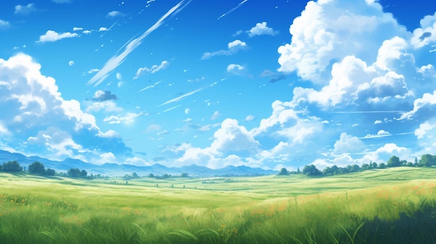 Piękny obraz w stylu anime, czyste niebo, słoneczny obraz malarski Sztuka wygenerowana przez sztuczną inteligencję