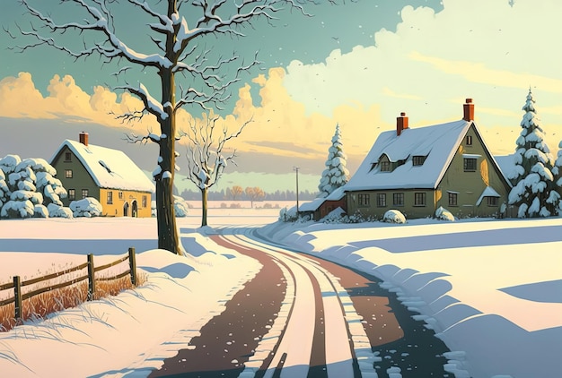 Piękny obraz wiejskiej drogi w śniegu