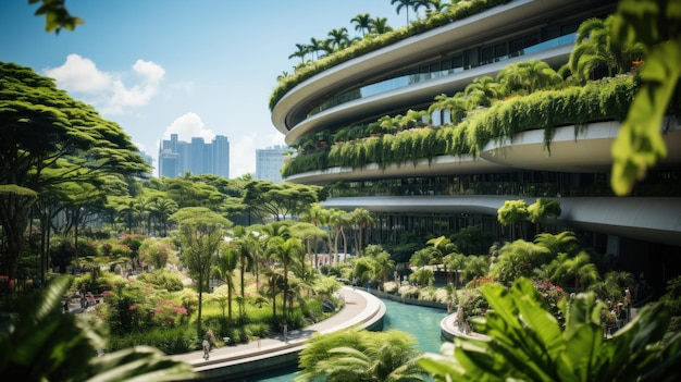 Piękny ogród nowoczesnego szklanego budynku w azjatyckich budynkach korporacyjnych