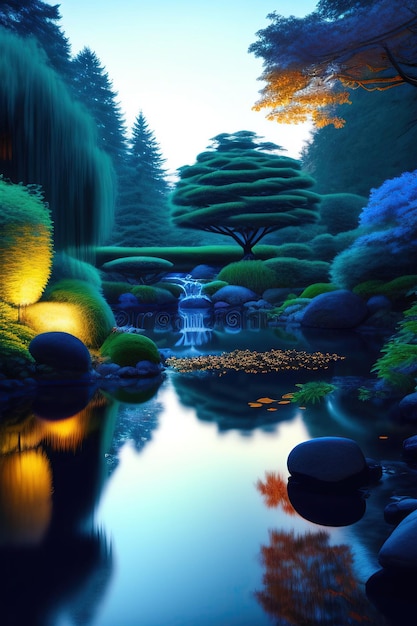 Zdjęcie piękny ogród pałacu zen z idyllicznym, szemrzącym strumykiem, niebieską świecącą wodą