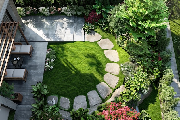 Zdjęcie piękny ogród z kamienną ścieżką i patio z ławką i stołem