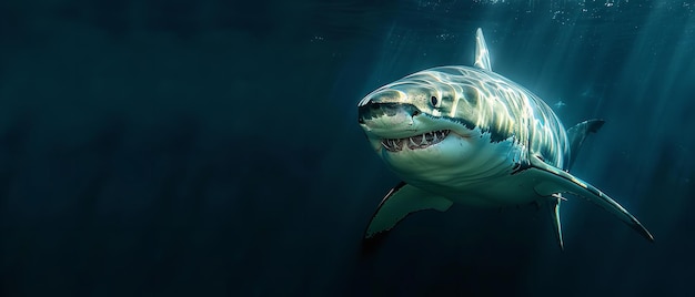Piękny, ogromny biały rekin pływający w ciemności, dzikie życie morskie i niebezpieczeństwo mroczności i przestrzeni.