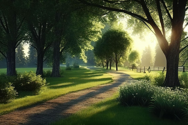 Piękny park publiczny z zieloną trawą w świetle poranka Stworzony przy użyciu technologii Generative AI