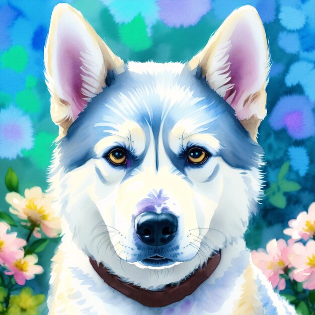 Piękny pies rasy Alaskan husky Malarstwo akwarelowe Majestic Trails Generative AI