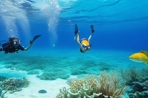 Piękny podwodny widok panoramiczny z tropikalnymi rybami i rafami koralowymi