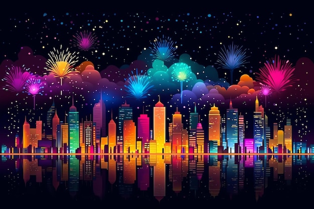 Zdjęcie piękny pokaz fajerwerków z krajobrazem miasta w nocy na świętowanie nowego roku