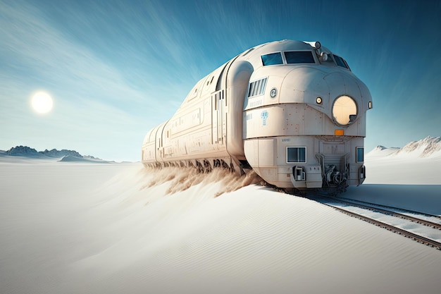 Piękny, pokryty śniegiem arktyczny krajobraz i futurystyczny pociąg towarowy przyszłości stworzony za pomocą generatywnego