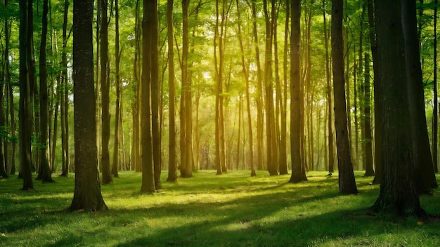 Piękny poranek w zielonym lesie eko tło