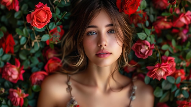 Piękny portret atrakcyjna dziewczyna z pięknymi oczami z kwiatami róże wokół