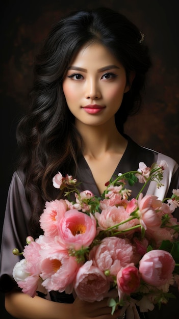 Piękny portret azjatyckiej panny młodej Różowy ilustracja tła studia