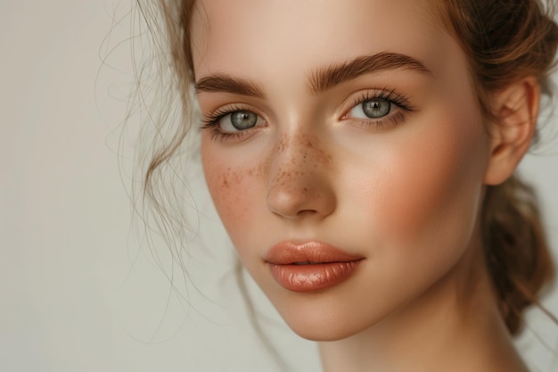 Piękny portret brunetki z kolorowymi oczami i piegi